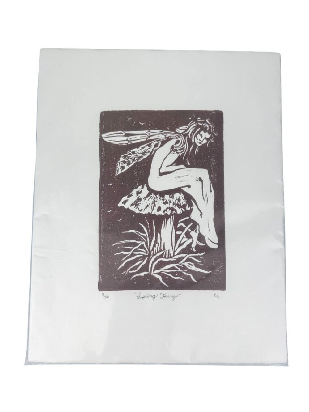 Spring Fairy Hand Pulled Block Art Print Numbered 8/50 Rebecca Shelton Mushroom